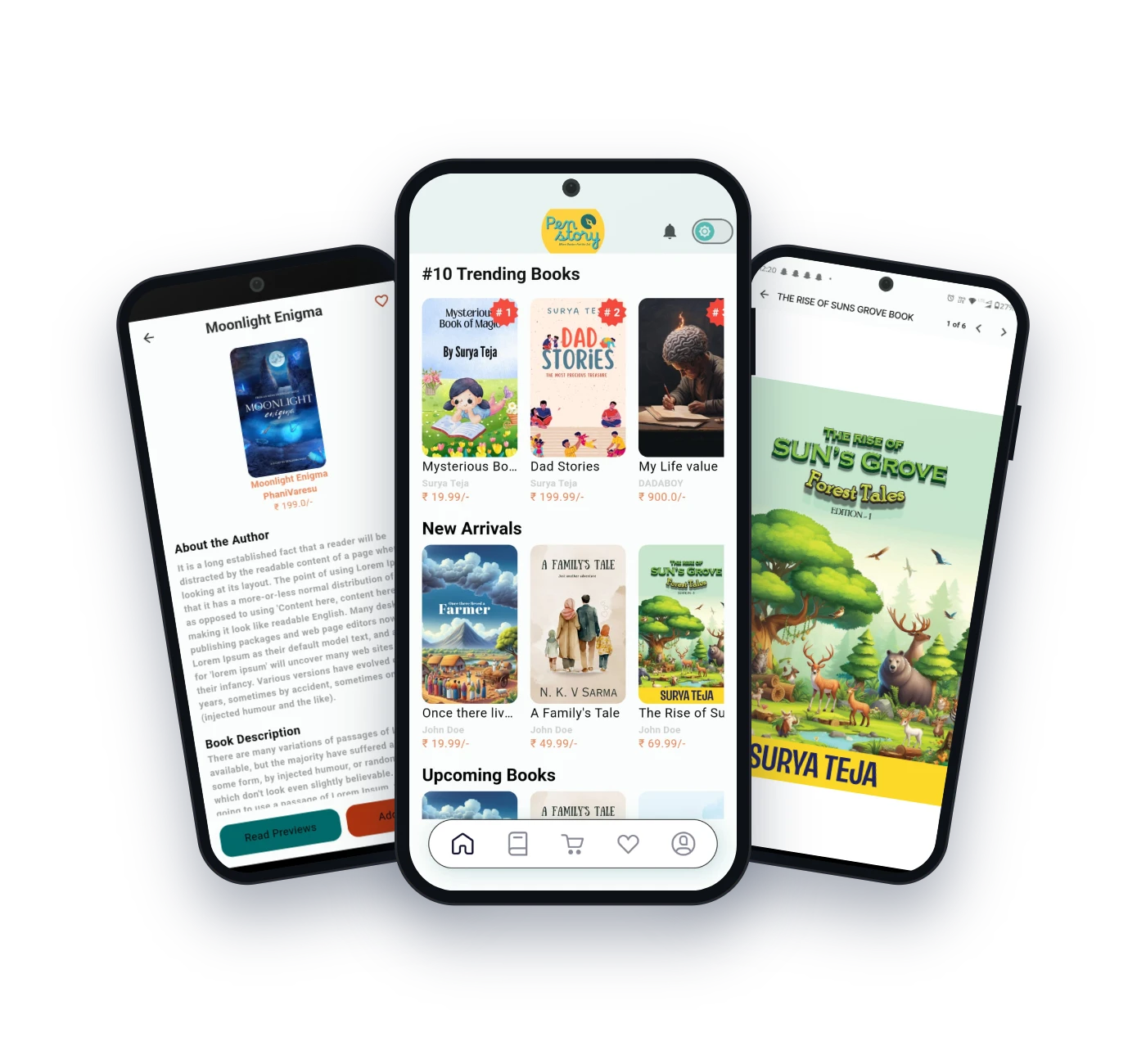 Pen A Story app screens: trending books, book preview and reading an eBook
